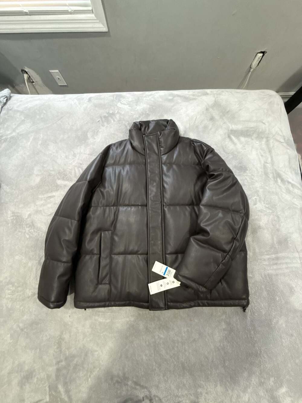 Calvin Klein Faux Leather Puffer Jacket Brown
